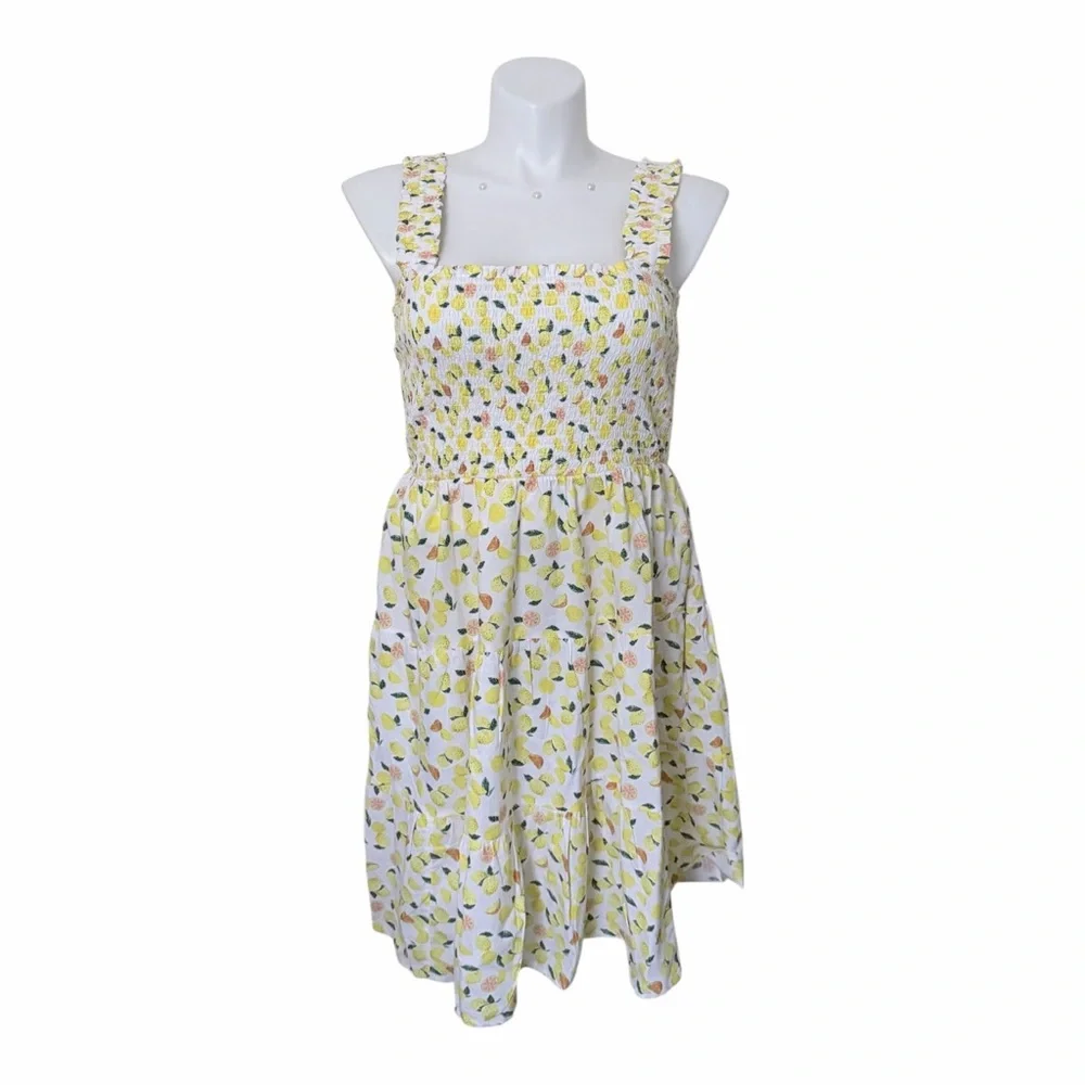 Lemon Print Tiered Smock Midi Sundress Size Large Cottagecore Preppy